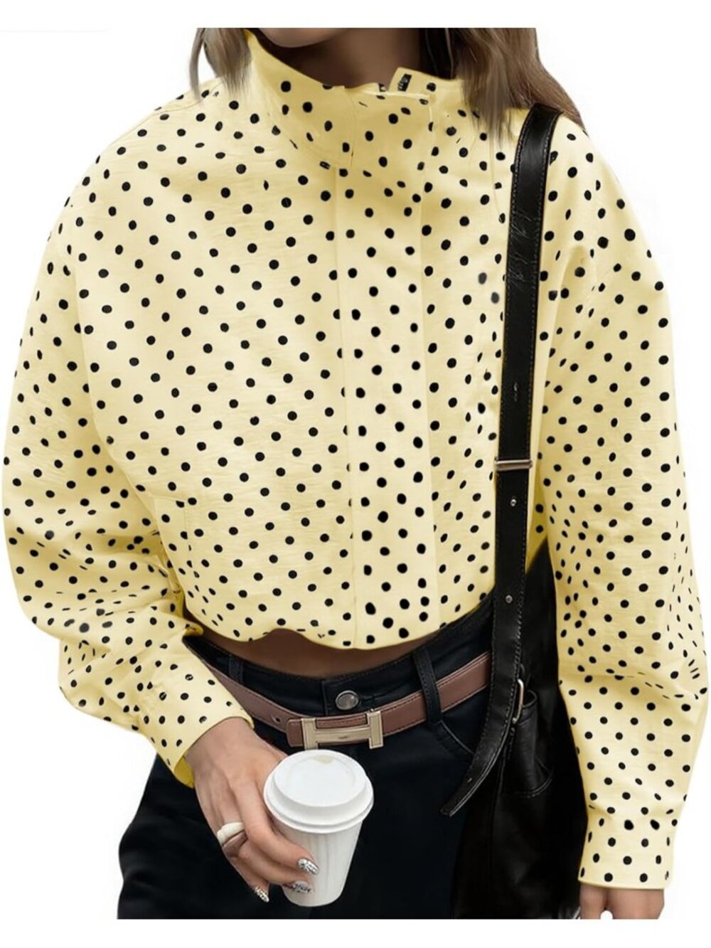 Women’s Light Yellow Polka Dot Lightweight Lapel Collar Coat ZIP Cropped Jacket